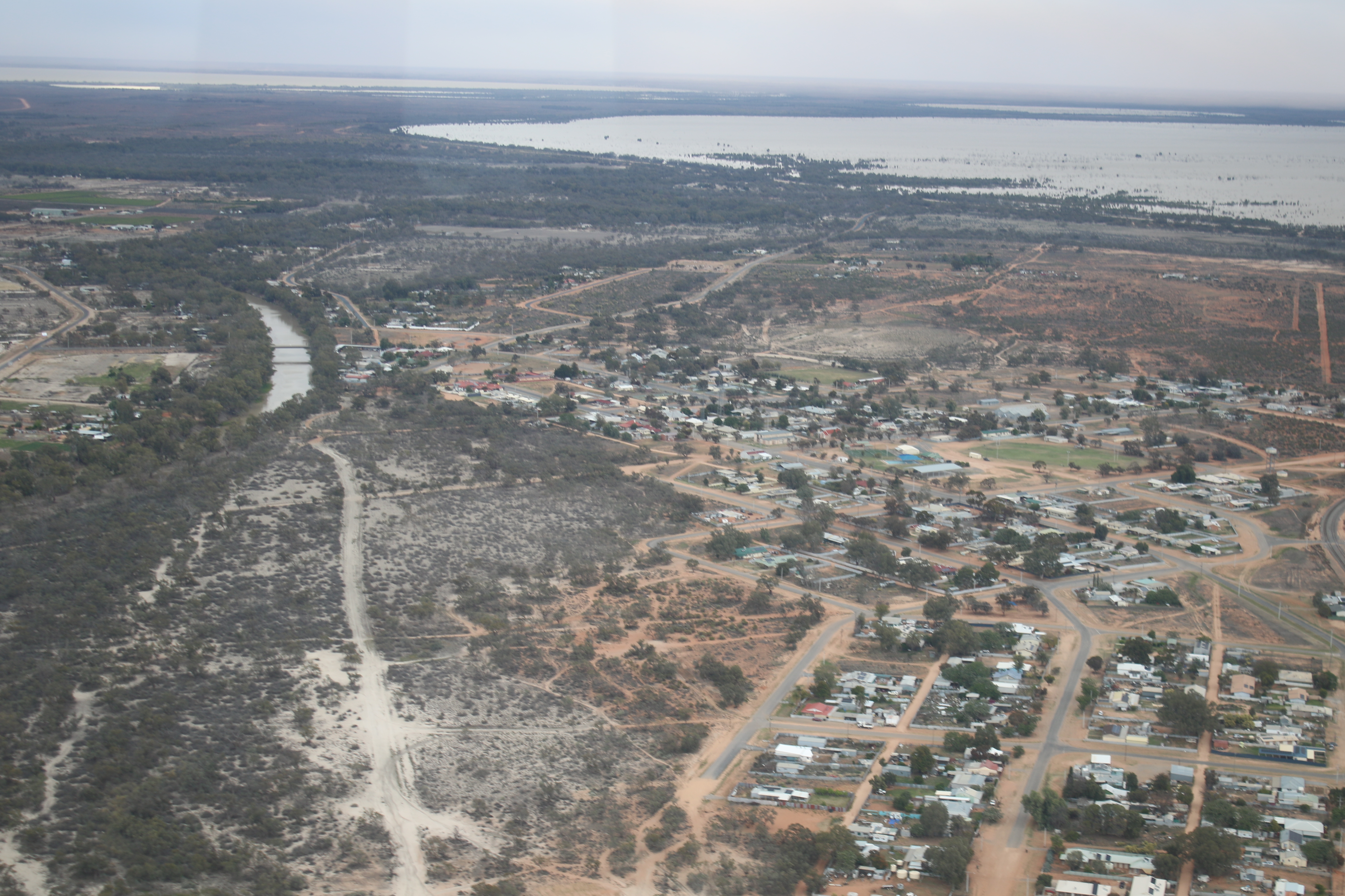 The Darling River with the town of Menindee